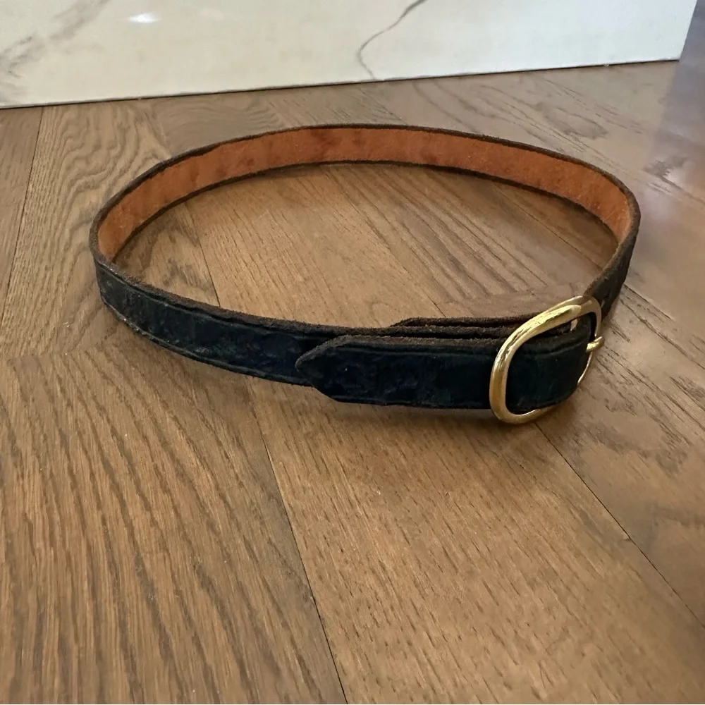 Vintage Textured Leather Medium Leather Belt Gold Tone Oval Buckle Navy Blue S